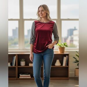 Sundance burgundy Velvet and Gray Long Sleeve Top